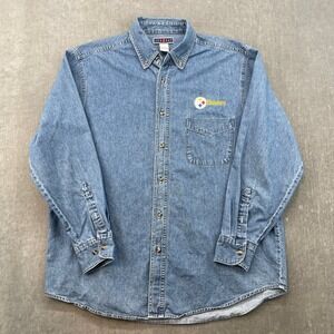 Pittsburgh Steelers Mens Large Blue Denim Jerzees Shirt NFL Embroidered Logo